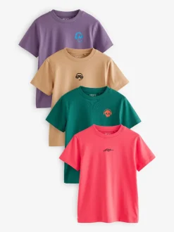 T-Shirts|Tops*Next - Verpakking van 4 T-shirts met kleine grafische print en korte mouwen (3 - 16 jr) Groen/rood/camel/paars