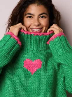 Gebreide Kleding|Next - Grof gebreide Staande Hals Trui Met Wol Groen/roze hart