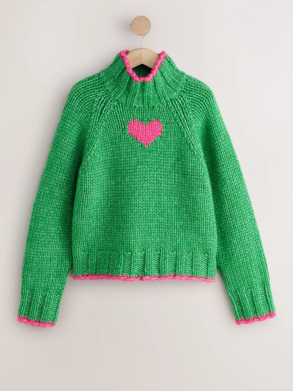 Gebreide Kleding|Next - Grof gebreide Staande Hals Trui Met Wol Groen/roze hart