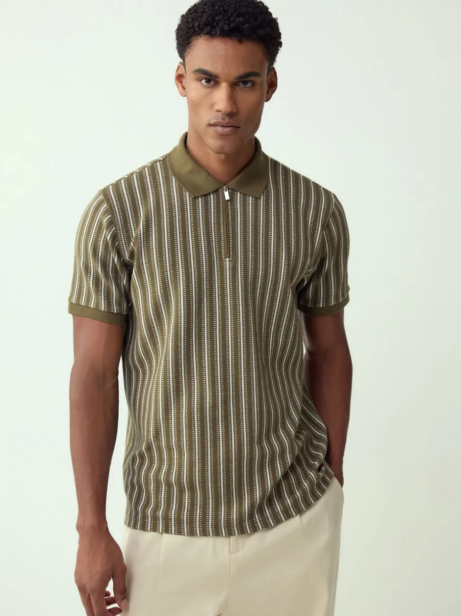 Poloshirts|T-Shirts En Hemden*Next Groen/wit - Verticaal gestreepte polo met korte rits