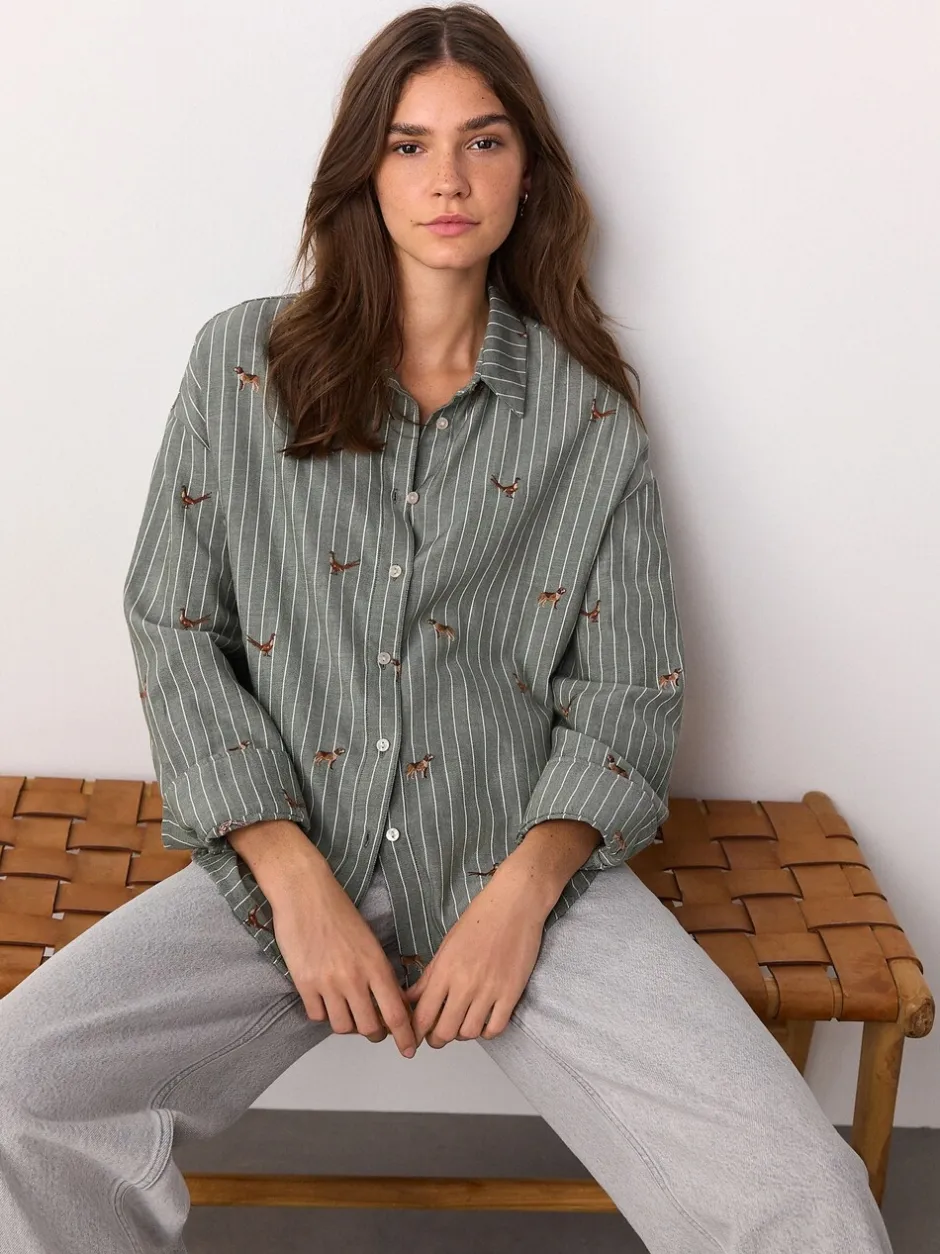 Blouses En Overhemden|Next Groen/wit gestreept - Conversational Embroidered Long Sleeve Shirt