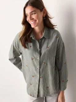 Blouses En Overhemden|Next Groen/wit gestreept - Conversational Embroidered Long Sleeve Shirt