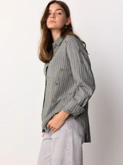 Blouses En Overhemden|Next Groen/wit gestreept - Conversational Embroidered Long Sleeve Shirt