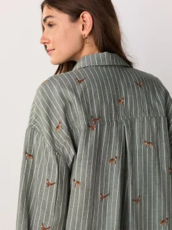 Blouses En Overhemden|Next Groen/wit gestreept - Conversational Embroidered Long Sleeve Shirt