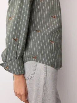 Blouses En Overhemden|Next Groen/wit gestreept - Conversational Embroidered Long Sleeve Shirt