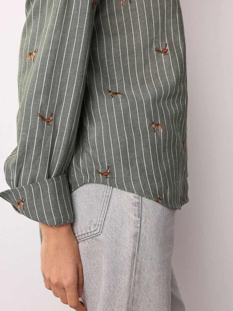 Blouses En Overhemden|Next Groen/wit gestreept - Conversational Embroidered Long Sleeve Shirt