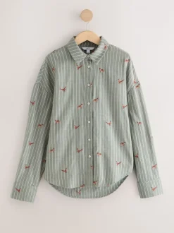 Blouses En Overhemden|Next Groen/wit gestreept - Conversational Embroidered Long Sleeve Shirt