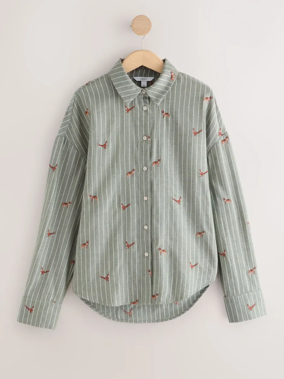 Blouses En Overhemden|Next Groen/wit gestreept - Conversational Embroidered Long Sleeve Shirt