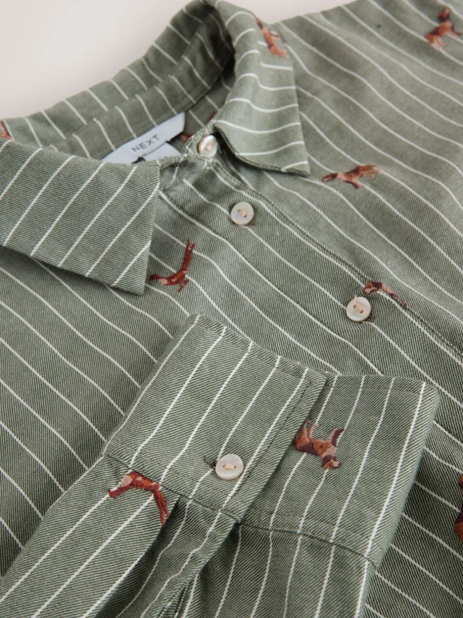 Blouses En Overhemden|Next Groen/wit gestreept - Conversational Embroidered Long Sleeve Shirt