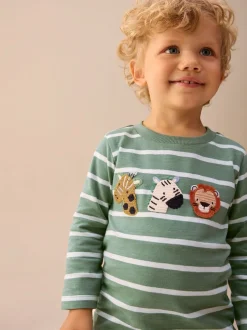 Tops|T-Shirts|Next Groen/wit gestreepte safari - T-shirt met applicatie en lange mouwen (3 mnd-7 jr)