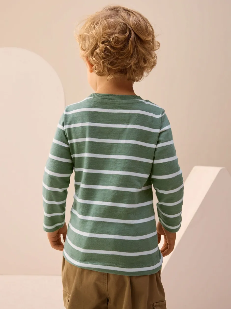 Tops|T-Shirts|Next Groen/wit gestreepte safari - T-shirt met applicatie en lange mouwen (3 mnd-7 jr)