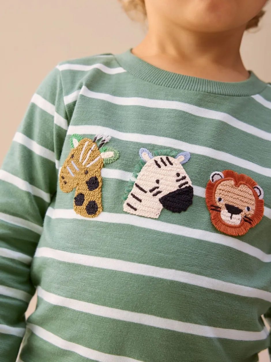 Tops|T-Shirts|Next Groen/wit gestreepte safari - T-shirt met applicatie en lange mouwen (3 mnd-7 jr)