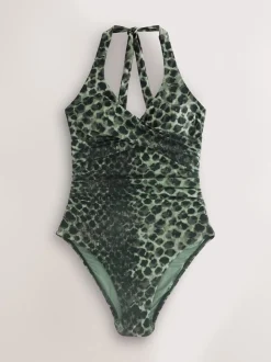 Badkleding|Next Groen/Zwart luipaardprint - Halterbadpak met buikcorrectie