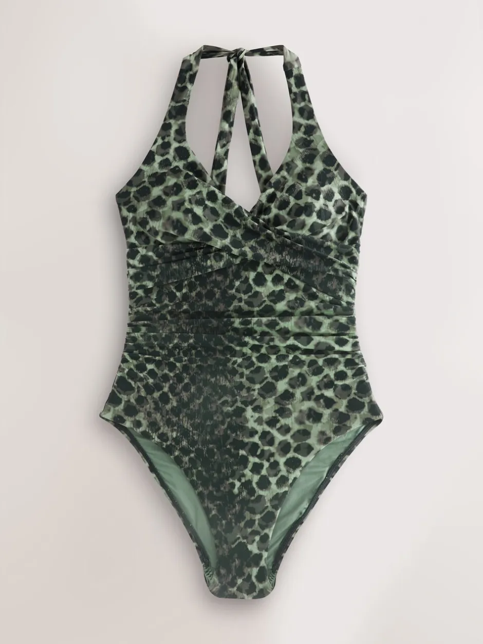 Badkleding|Next Groen/Zwart luipaardprint - Halterbadpak met buikcorrectie