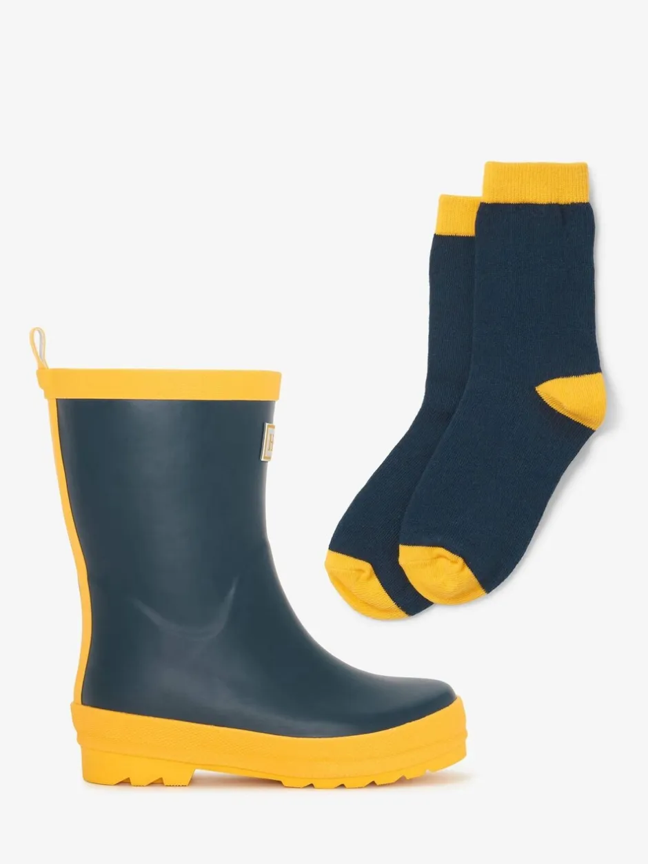 Laarzen*Hatley Navy & Yellow Matte Rain Wellies