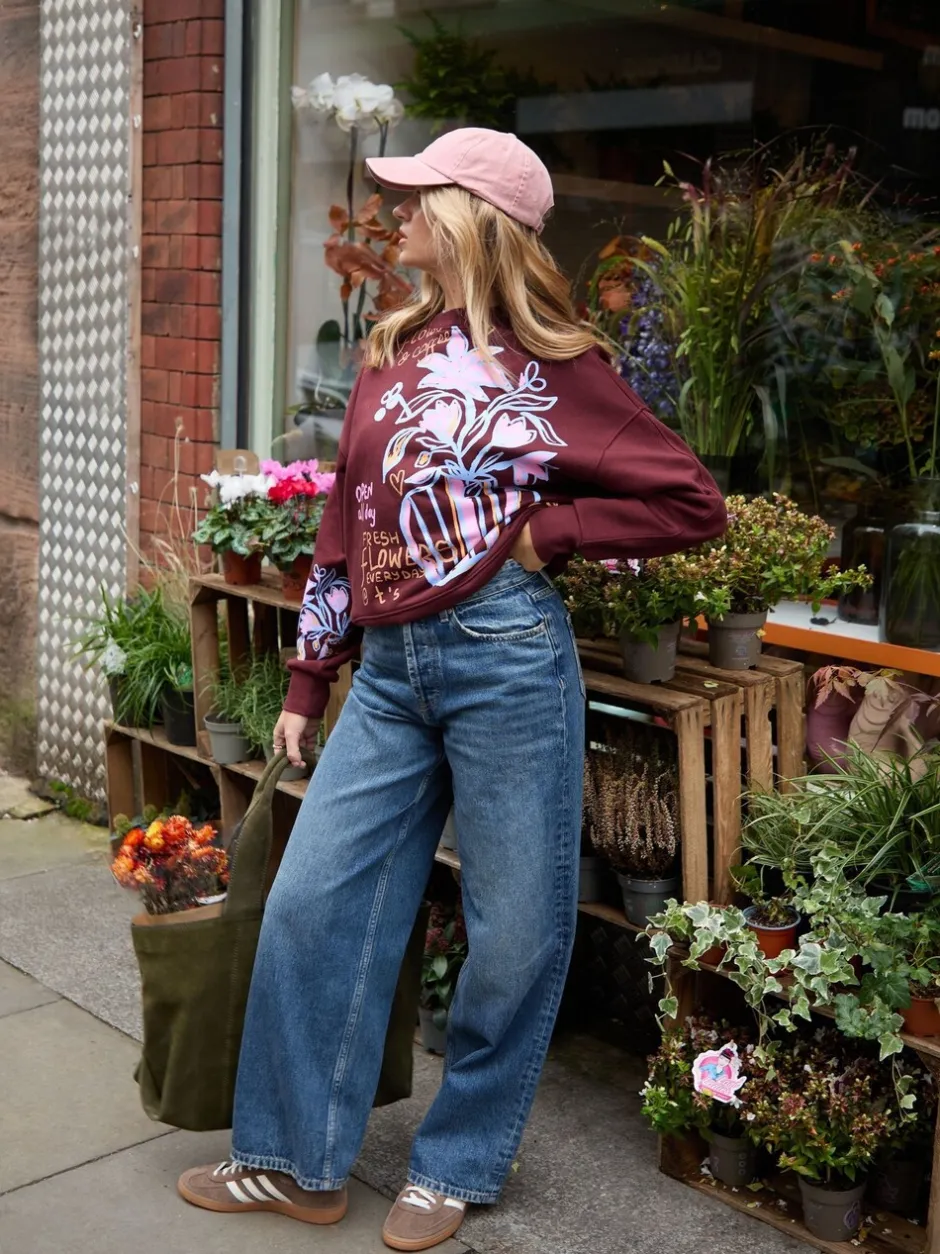 Hoody's En Sweatshirts*Here for the T Floral Vase Graphic Oversized Crew Neck Sweatshirt
