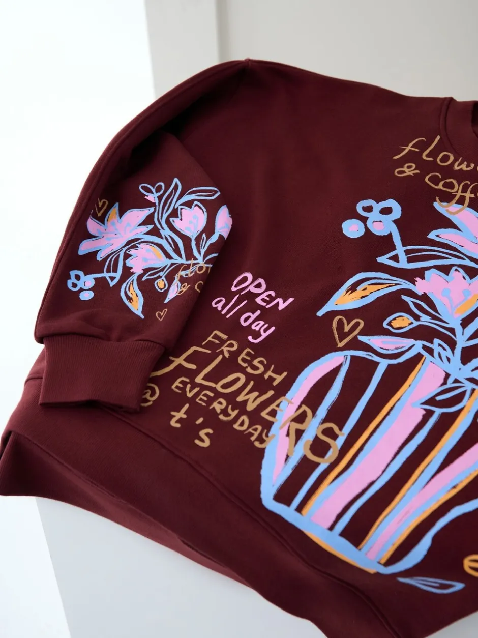Hoody's En Sweatshirts*Here for the T Floral Vase Graphic Oversized Crew Neck Sweatshirt