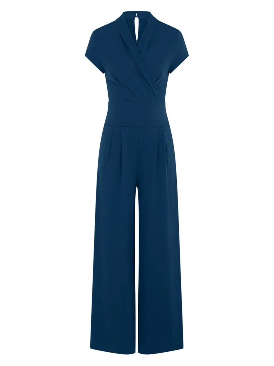 Jumpsuits En Playsuits*Hot Squash HotSquash - Blauwgroene jumpsuit met kapmouwtjes en wijde pijpen
