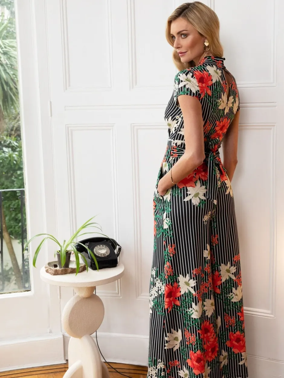 Jumpsuits En Playsuits|Hot Squash HotSquash - Zwarte gebloemde jumpsuit met krijtstreep en wijde pijpen