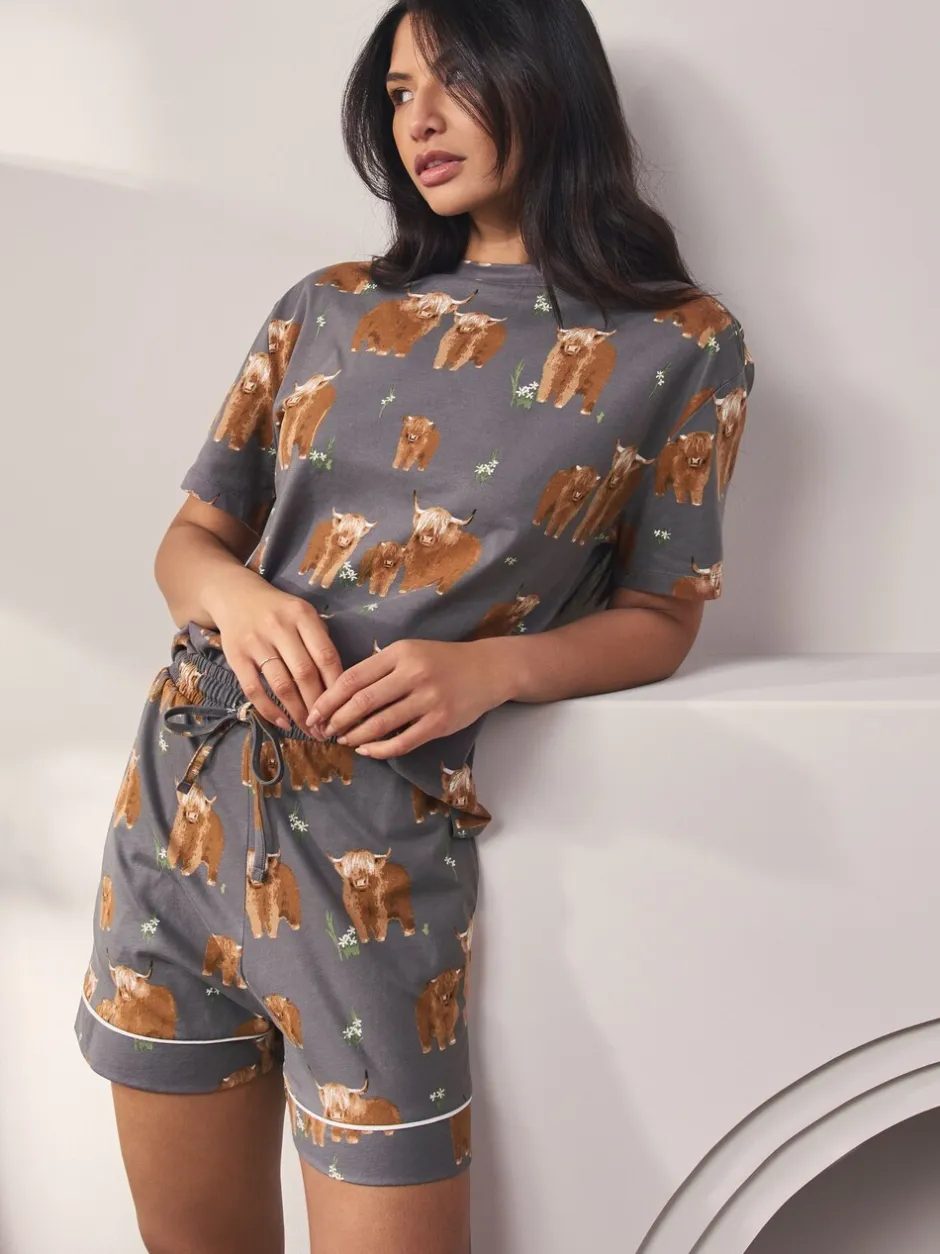 Pyjama's|Loungewear*Next - Set van 100% katoenen shortpyjama Houtskoolgrijze Hamish The Highland Cow