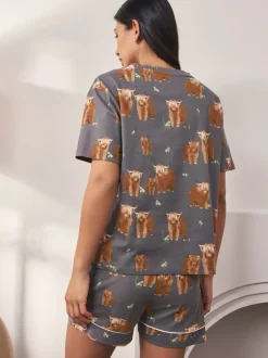 Pyjama's|Loungewear*Next - Set van 100% katoenen shortpyjama Houtskoolgrijze Hamish The Highland Cow