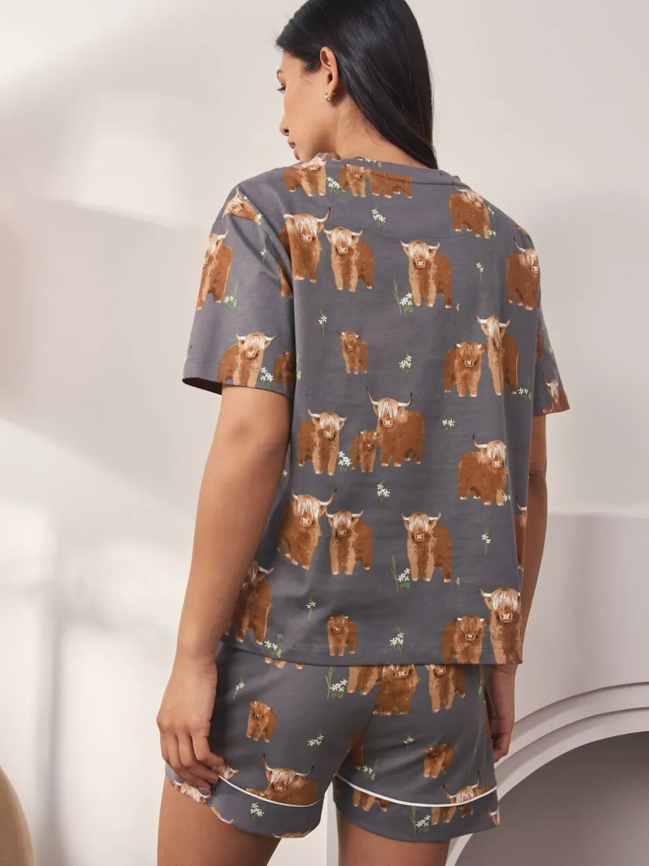 Pyjama's|Loungewear*Next - Set van 100% katoenen shortpyjama Houtskoolgrijze Hamish The Highland Cow