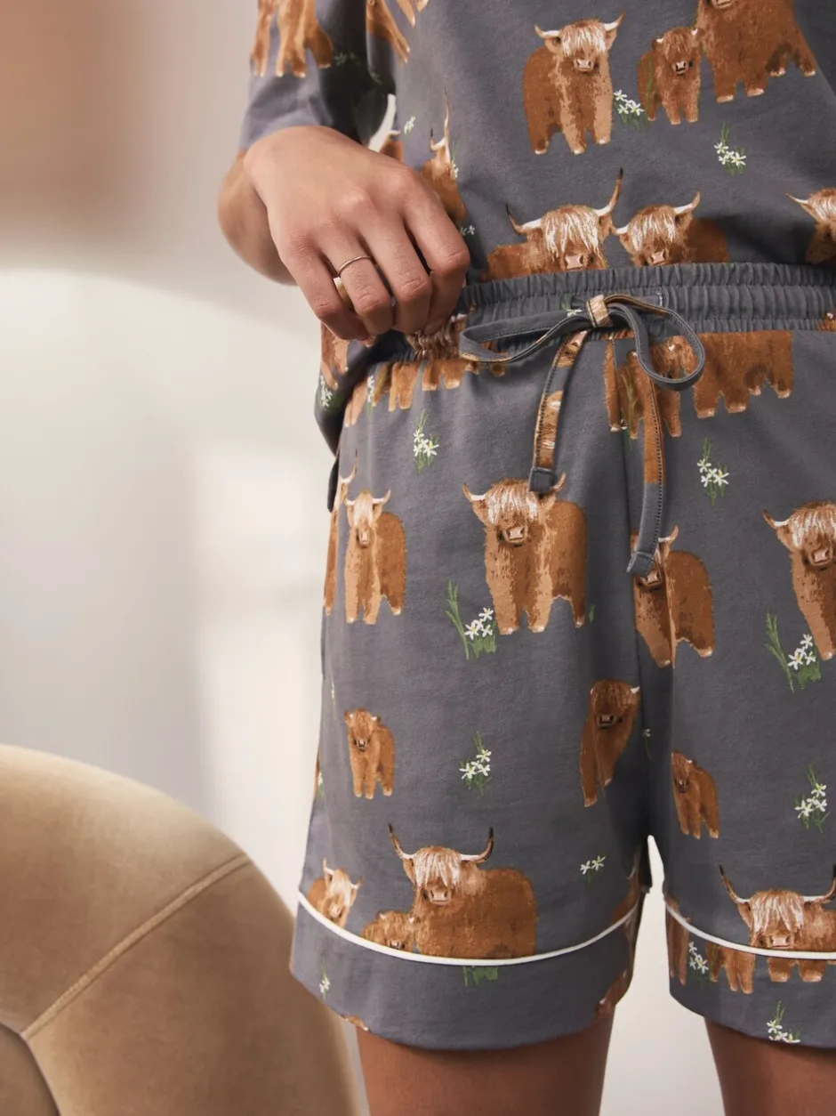 Pyjama's|Loungewear*Next - Set van 100% katoenen shortpyjama Houtskoolgrijze Hamish The Highland Cow