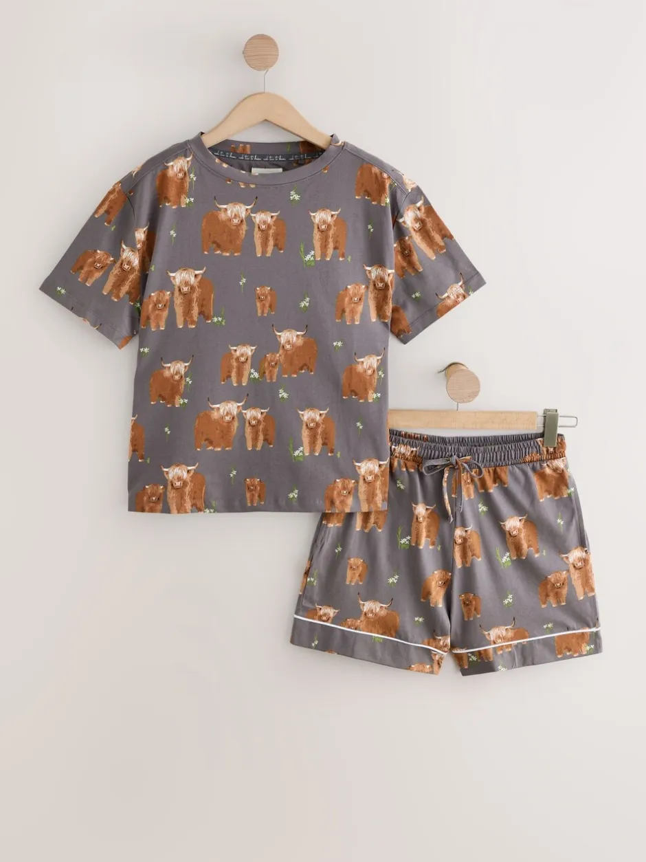 Pyjama's|Loungewear*Next - Set van 100% katoenen shortpyjama Houtskoolgrijze Hamish The Highland Cow