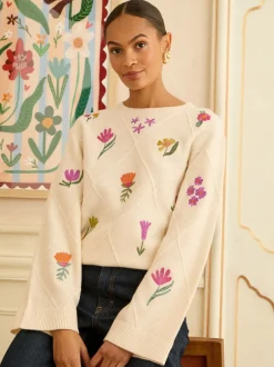 Gebreide Kleding|Love & Roses - Embroidered Detail Knitted Jumper Ivoor