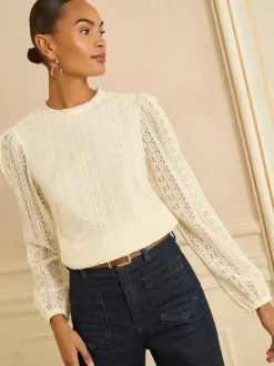 Blouses En Overhemden|Tops En T-Shirts*Love & Roses - Long Sleeve Lace Top Ivoor