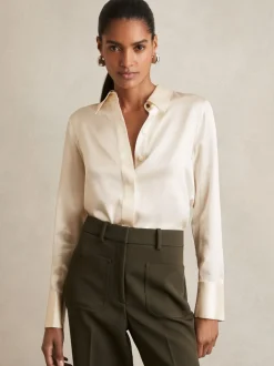 Blouses En Overhemden|Reiss Ivoor - Ameira Silk-Satin Concealed-Placket Shirt