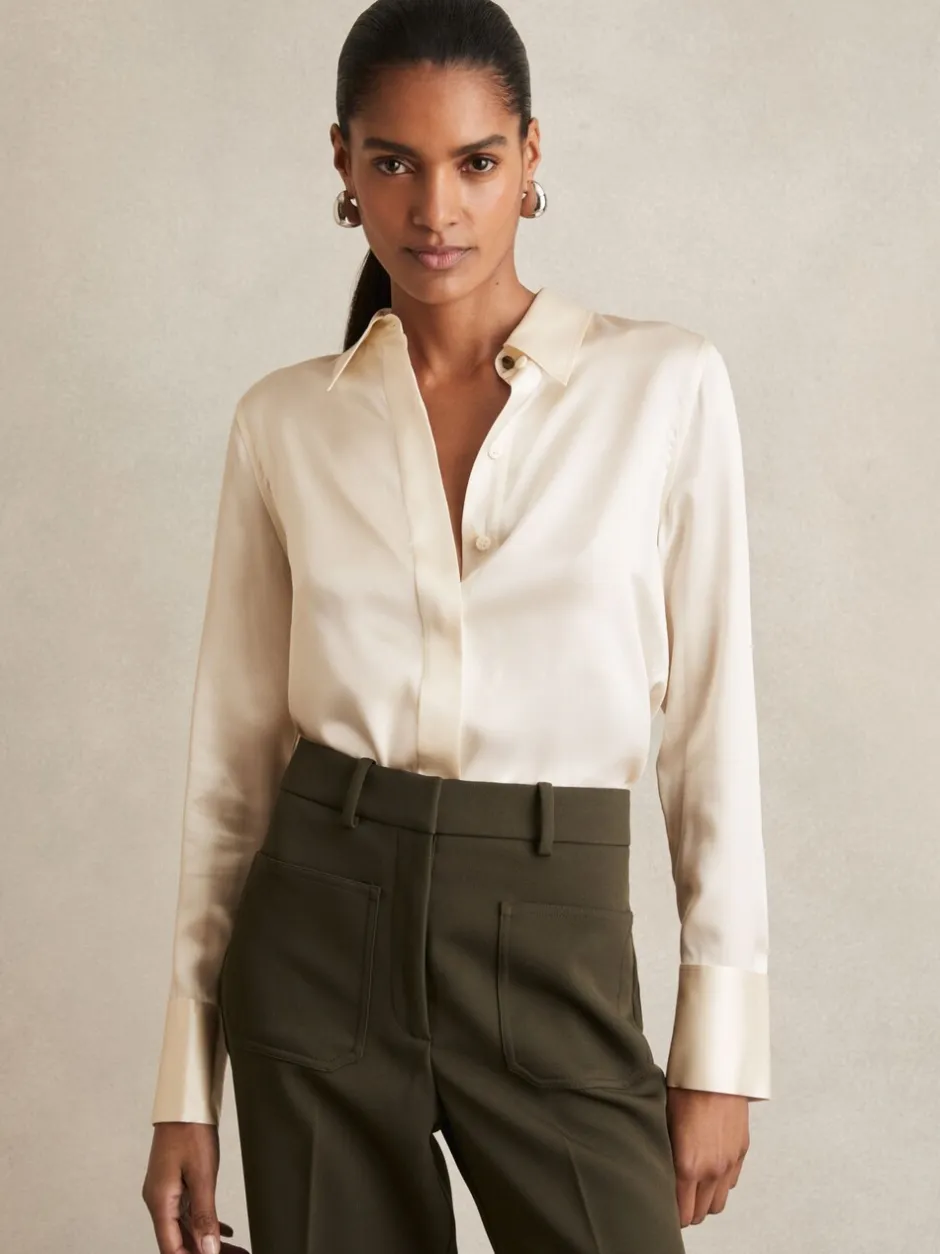 Blouses En Overhemden|Reiss Ivoor - Ameira Silk-Satin Concealed-Placket Shirt