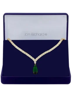 Sieraden|Jon Richard kraagketting met zirkoontjes en smaragdgroene peervormige hanger in geschenkdoosje
