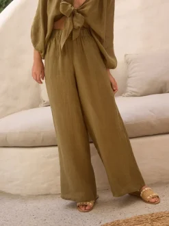 Broeken*Next Kakigroen - 100% linnen Premium broek met wijde pijpen