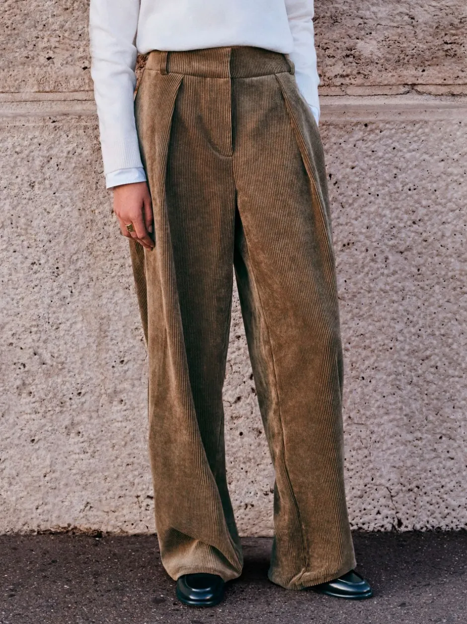 Broeken|Next - Corduroy broek met wijde pijpen Kakigroen