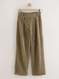 Broeken|Next - Corduroy broek met wijde pijpen Kakigroen