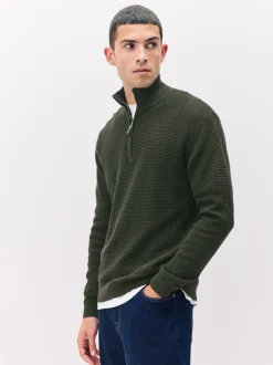 Gebreide Kleding*Next - Effen - Regular Fit Cotton Rich Textured Premium Quarter Zip Jumper Kakigroen