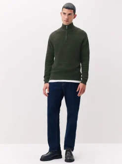 Gebreide Kleding*Next - Effen - Regular Fit Cotton Rich Textured Premium Quarter Zip Jumper Kakigroen