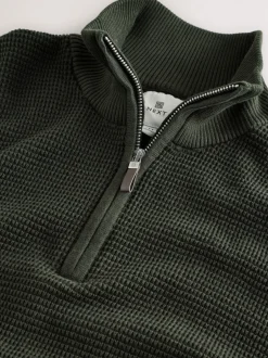 Gebreide Kleding*Next - Effen - Regular Fit Cotton Rich Textured Premium Quarter Zip Jumper Kakigroen