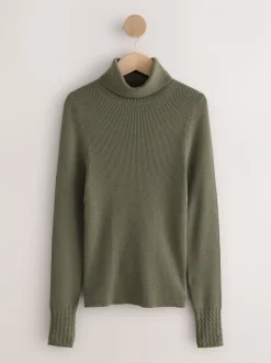 Gebreide Kleding|Next Kakigroen - Geribde trui met rolkraag en wol