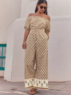 Jumpsuits En Playsuits|Gelegenheidskleding*Next - Jumpsuit met blote schouders en wijde pijpen van 100% katoen Kakigroen
