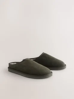 Pantoffels|Loungewear*Next - Met imitatiebont gevoerde Signature suède pantoffelmuiltjes Kakigroen