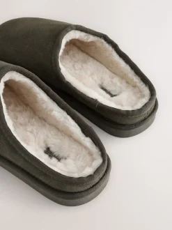 Pantoffels|Loungewear*Next - Met imitatiebont gevoerde Signature suède pantoffelmuiltjes Kakigroen