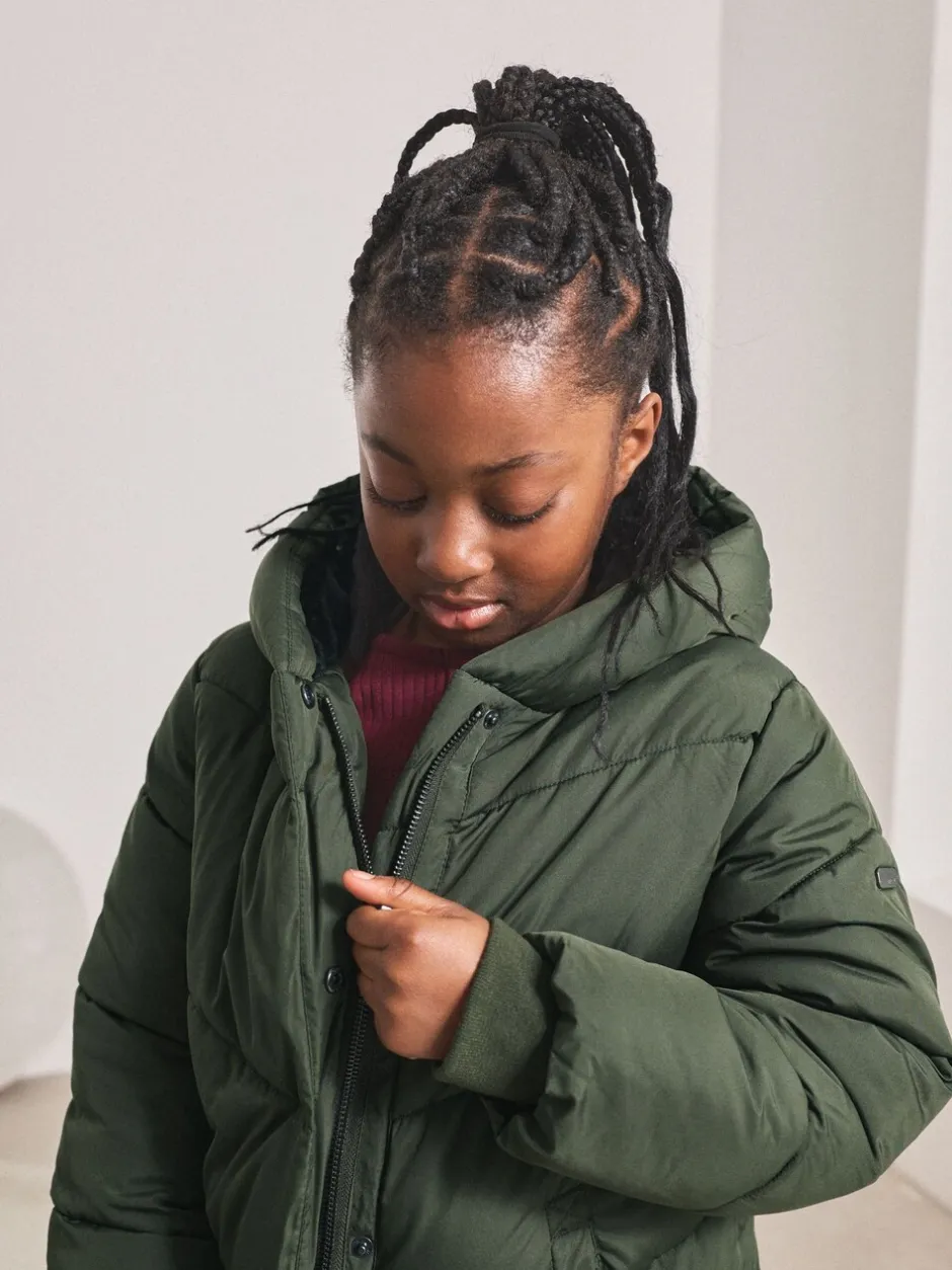 Schoolkleding|Jassen En Jacks*Next - Regenbestendige gewatteerde jas met capuchon en imitatiebontvoering (3 - 16 jr) Kakigroen