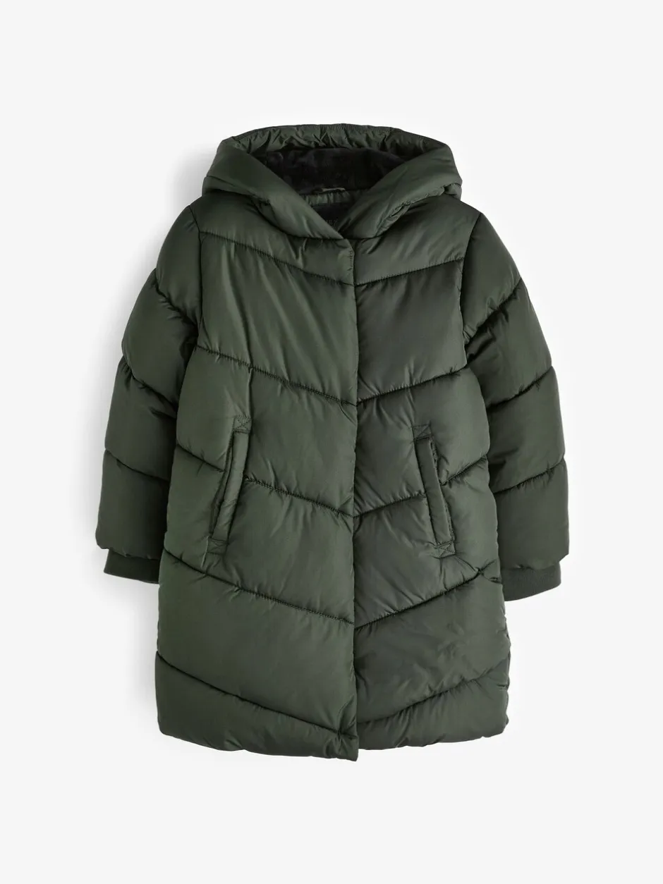 Schoolkleding|Jassen En Jacks*Next - Regenbestendige gewatteerde jas met capuchon en imitatiebontvoering (3 - 16 jr) Kakigroen
