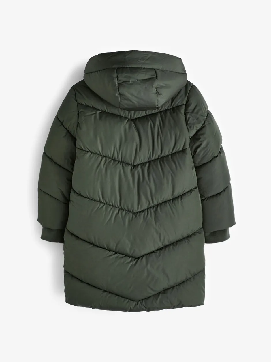 Schoolkleding|Jassen En Jacks*Next - Regenbestendige gewatteerde jas met capuchon en imitatiebontvoering (3 - 16 jr) Kakigroen
