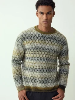 Gebreide Kleding*Next Kakigroen - Relaxed Fit Ombre Diamond Pattern Texture Crew Neck Jumper with Wool