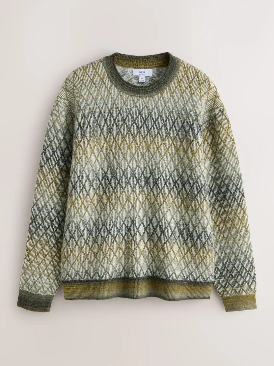 Gebreide Kleding*Next Kakigroen - Relaxed Fit Ombre Diamond Pattern Texture Crew Neck Jumper with Wool