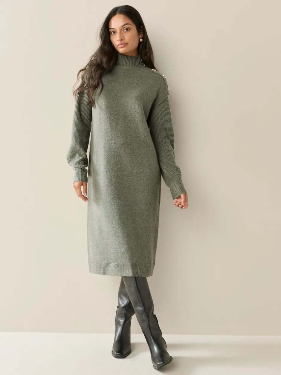 Gebreide Kleding|Jurken*Next - Stand Neck Knitted Midi Jumper Dress Kakigroen