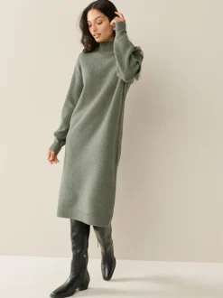 Gebreide Kleding|Jurken*Next - Stand Neck Knitted Midi Jumper Dress Kakigroen